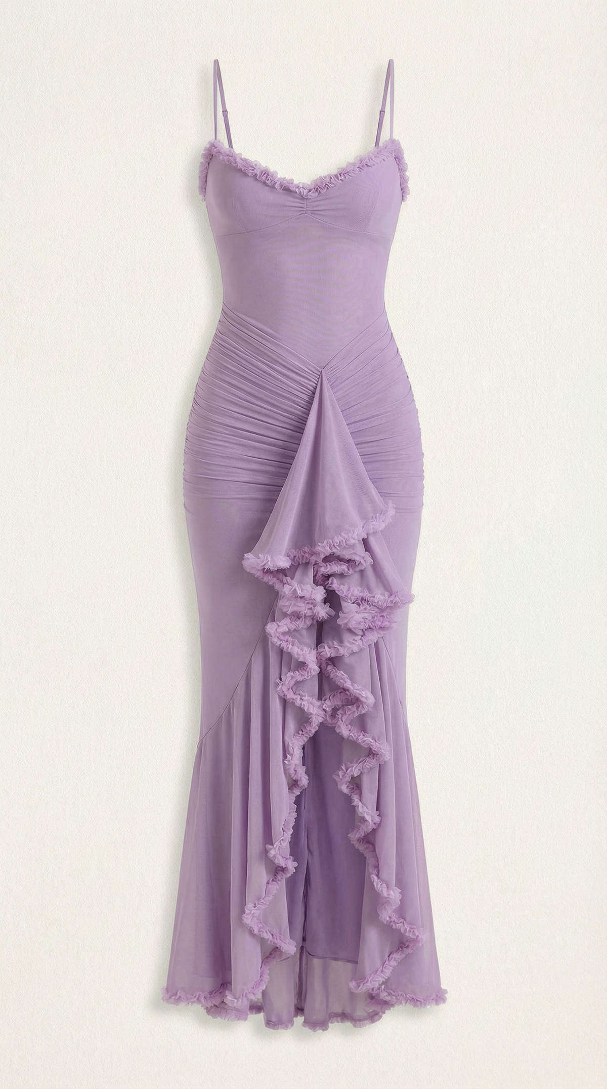 Langes Kleid mit Herzausschnitt und Rüschenbesatz für Damen