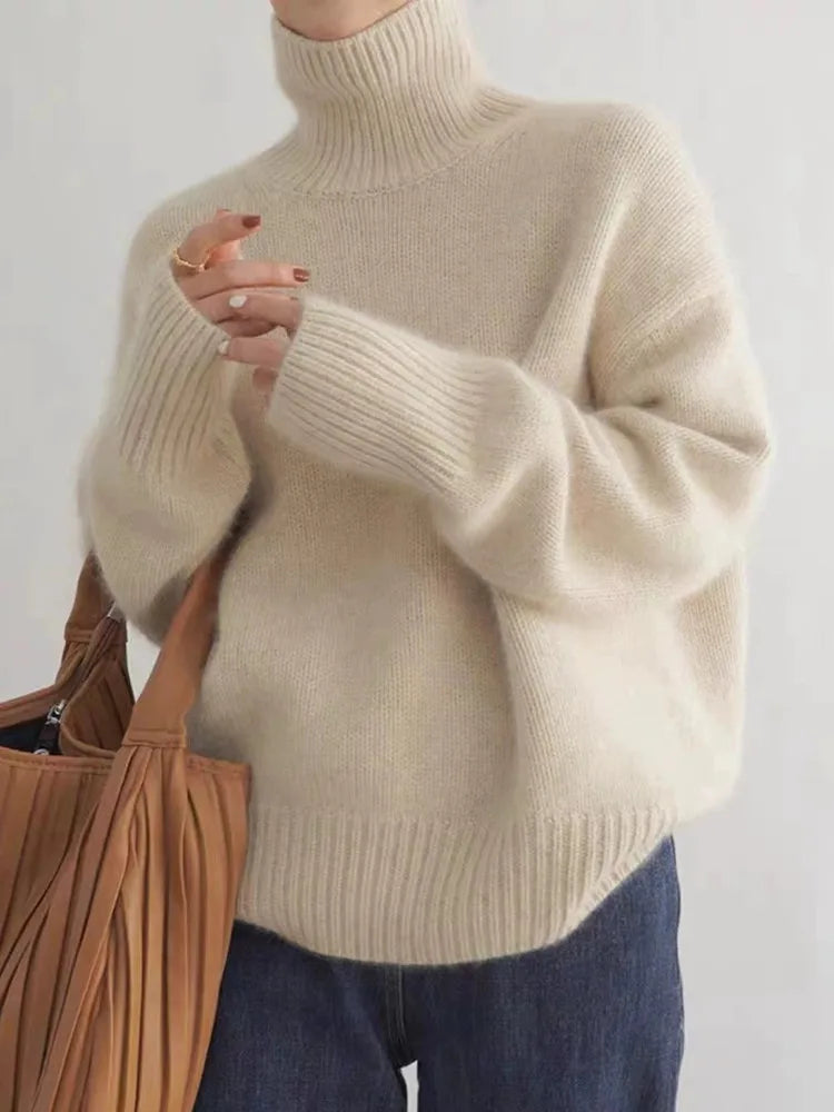 Wollpullover Damen aus Wollmischung, Oversize mit Rollkragen
