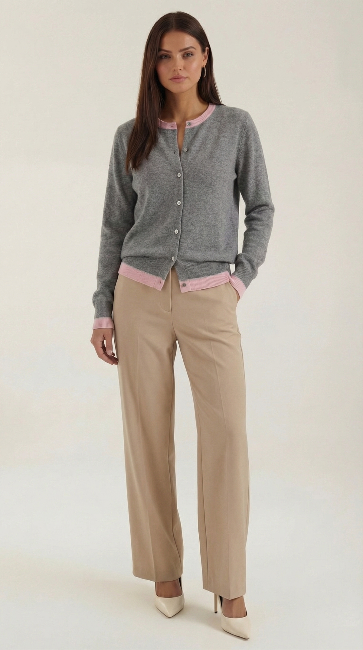 Strickjacke mit Kontrastbesatz und Knopfleiste für Damen - Rosa