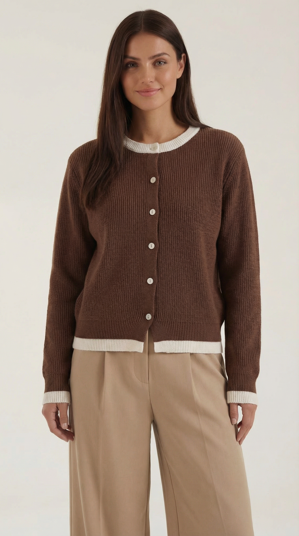 Strickjacke mit Kontrastbesatz und Knopfleiste für Damen