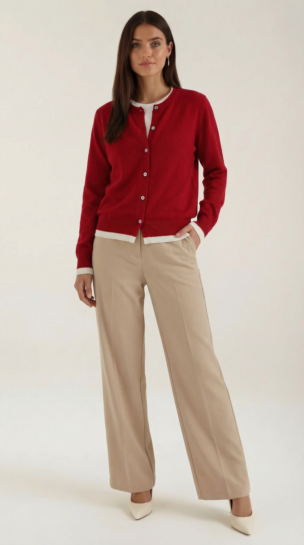 Strickjacke mit Kontrastbesatz und Knopfleiste für Damen - Rot