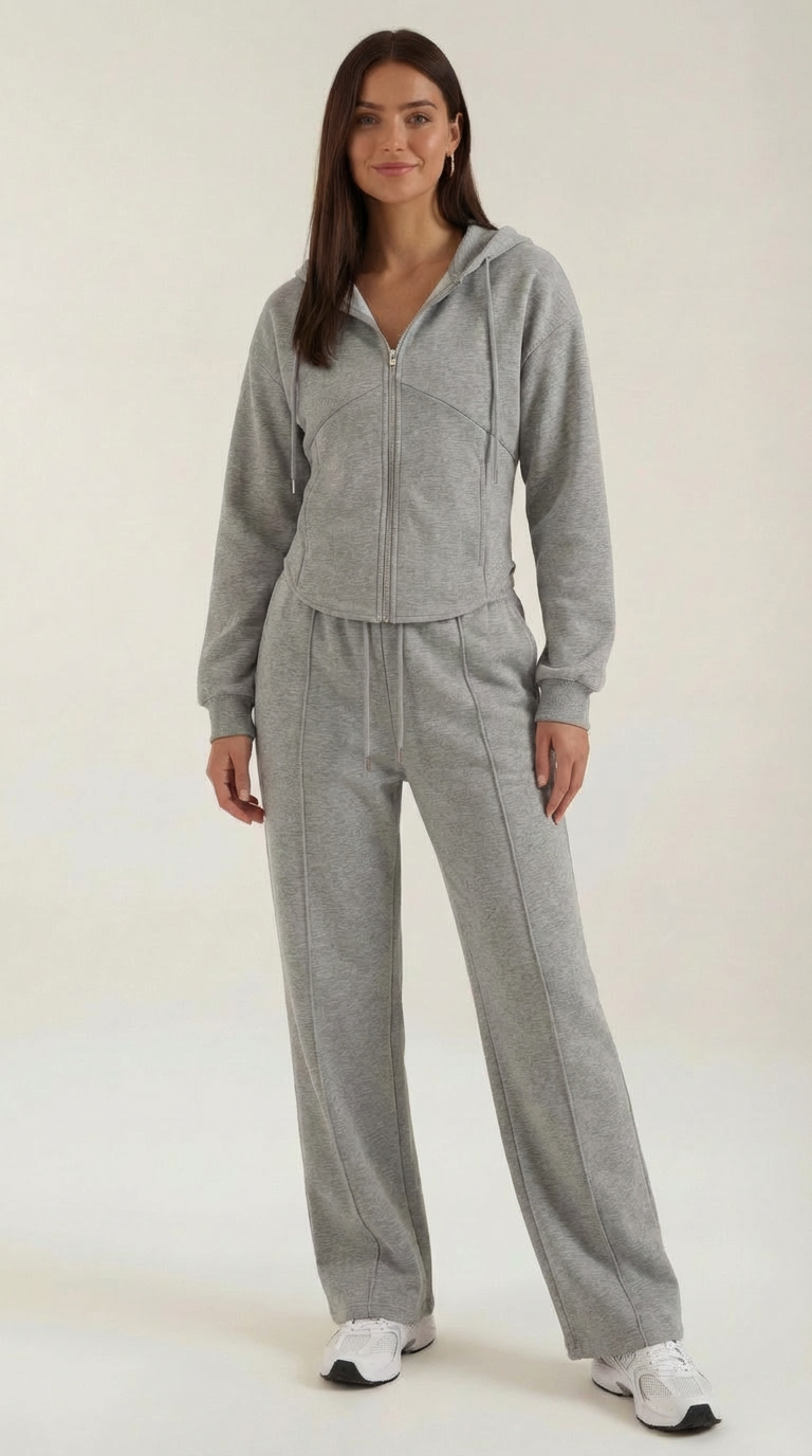 Zweiteiler mit Zip-Hoodie und weiter Hose für Damen - Grau